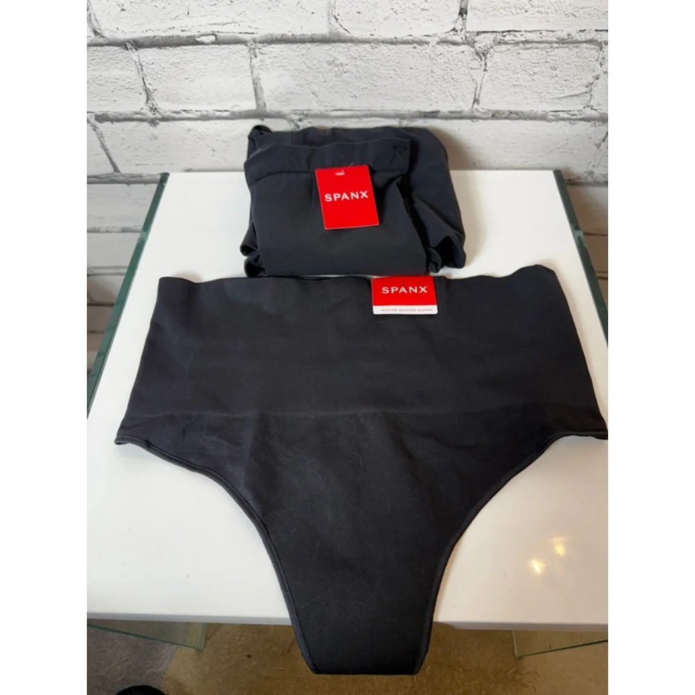 SPANX 2X Black Ecocare Seamless Shaping Thong & Higher Power Short BUNDLE 2 Pcs - Picture 1 of 8